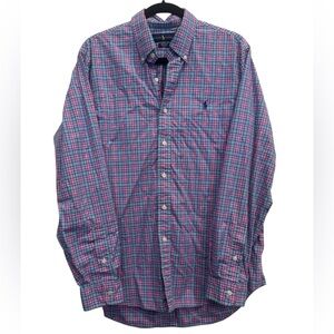 Ralph Lauren Men L/S Shirt Large Blue Pink Green Plaid Button Cotton Stretch GUC